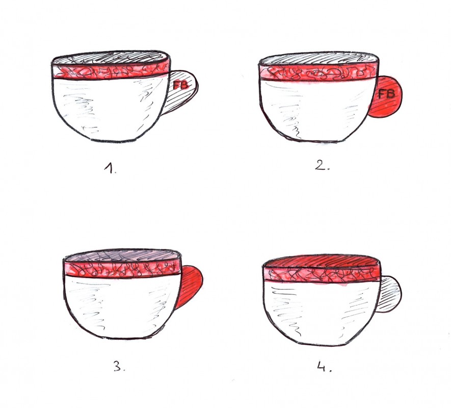 Deuxième série de croquis. La forme de l'anse et de la tasse est définie. Ici Françoise doit choisir son décor préféré. Le thème qui prédomine est le bandeau d'entrelacs celtiques.